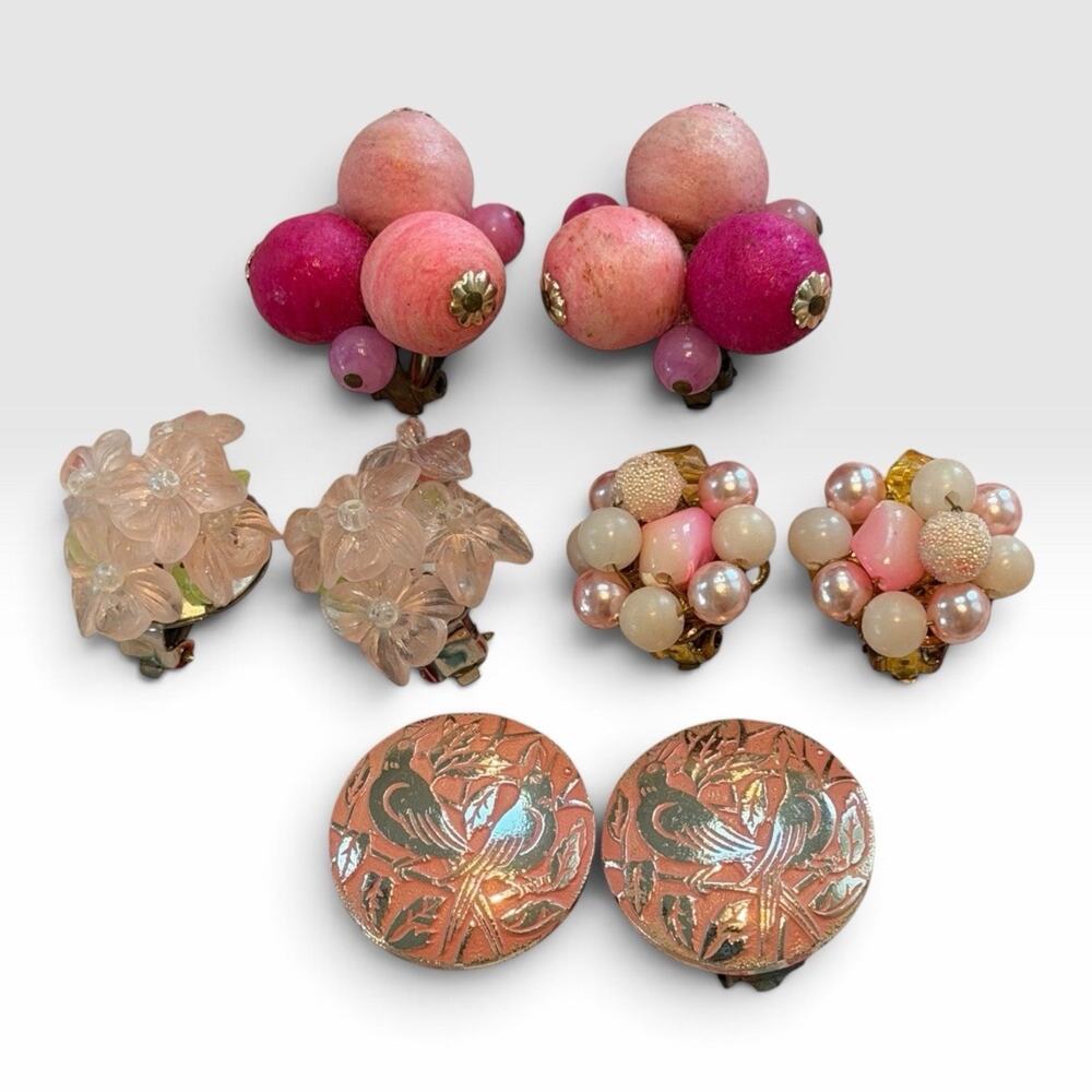 4 Pr Pink Cluster Beads Lucite Faux Pearl Metal Birds Clip Ons Japan & Hong Kong